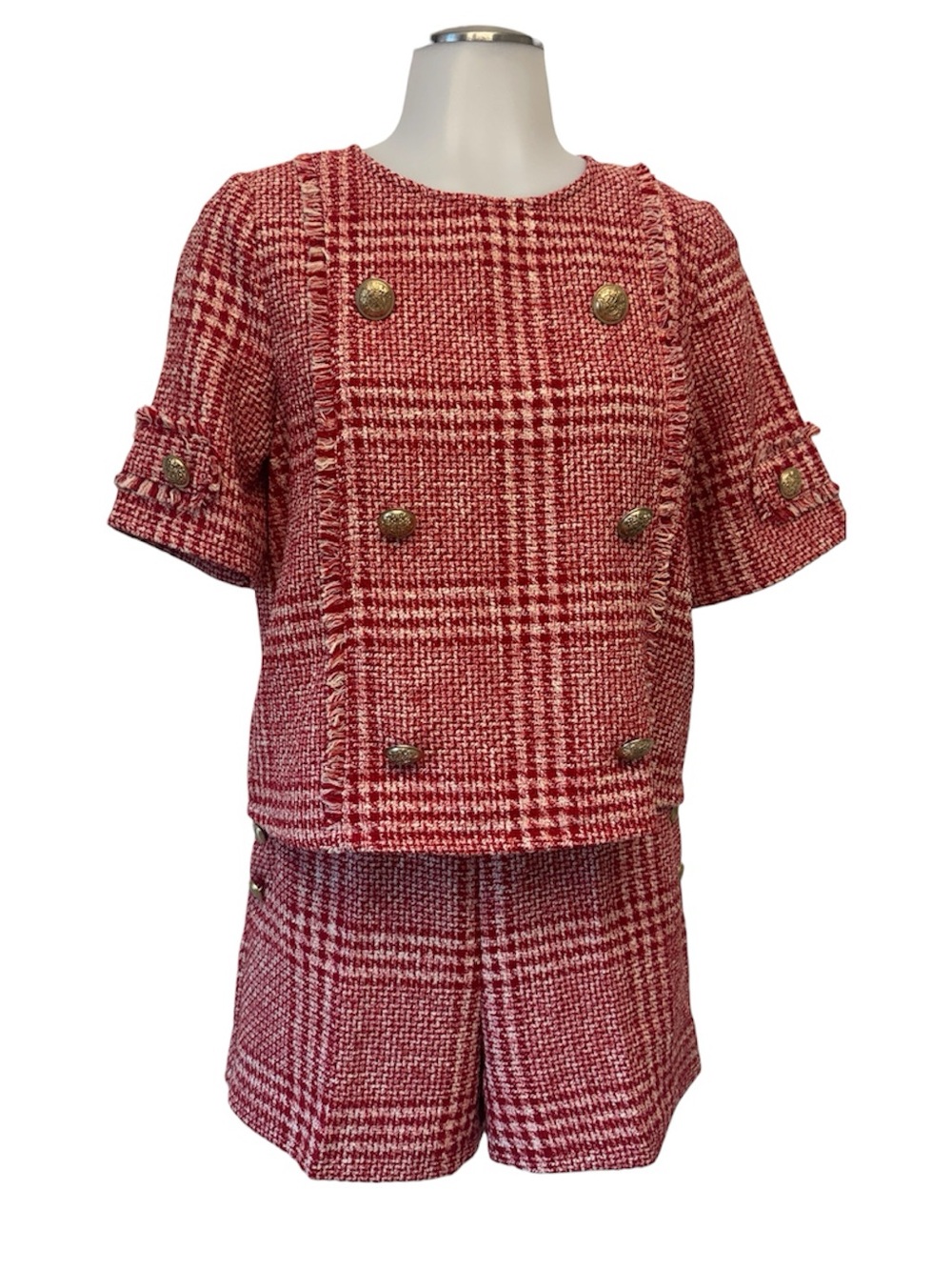 Zara Red Tweed Short Set with Gold Buttons Size Medium